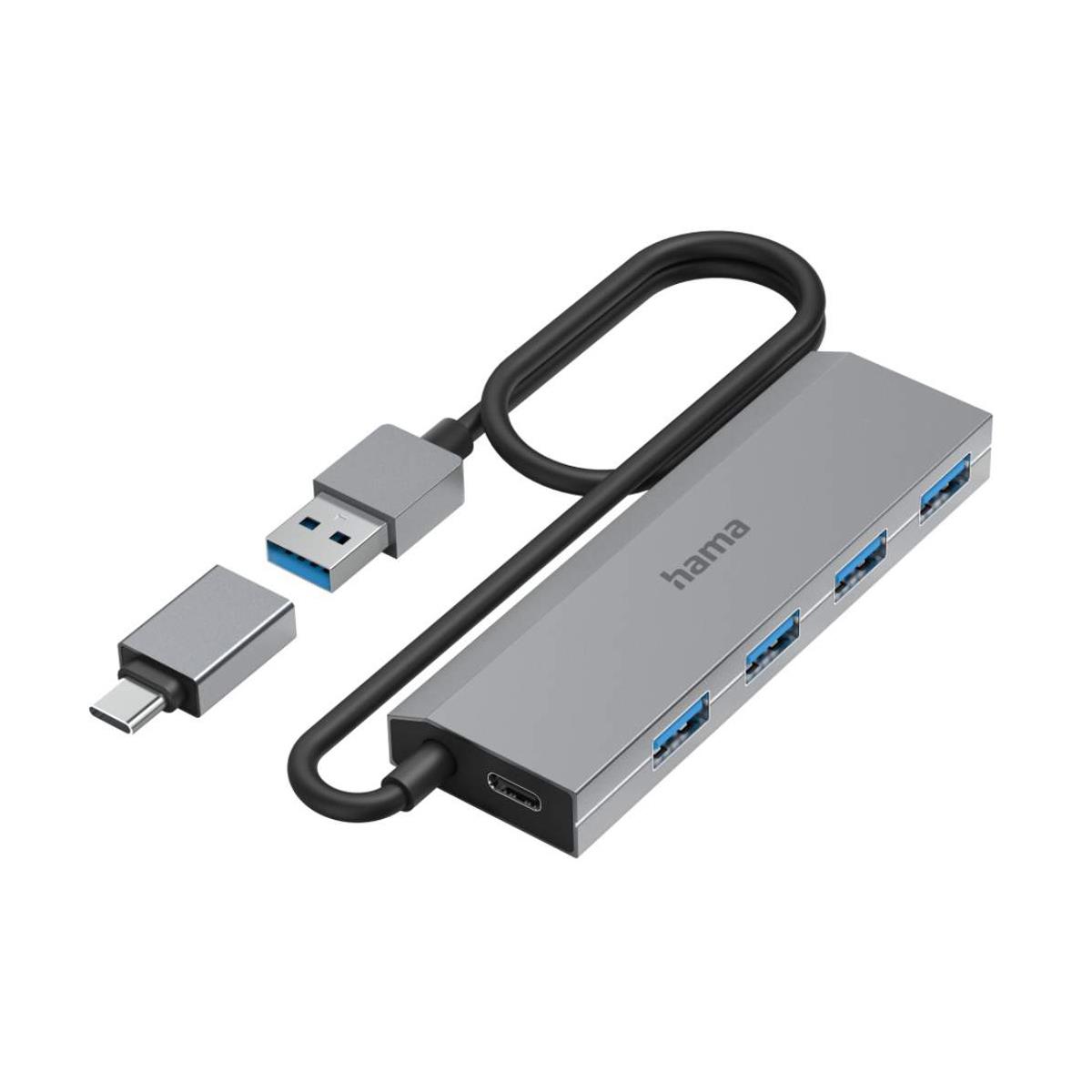 Hama USB-Hub, 4 Ports, USB 3.2 Gen1, 5 Gbit/s, inkl. USB-C-Adapter und Netzteil